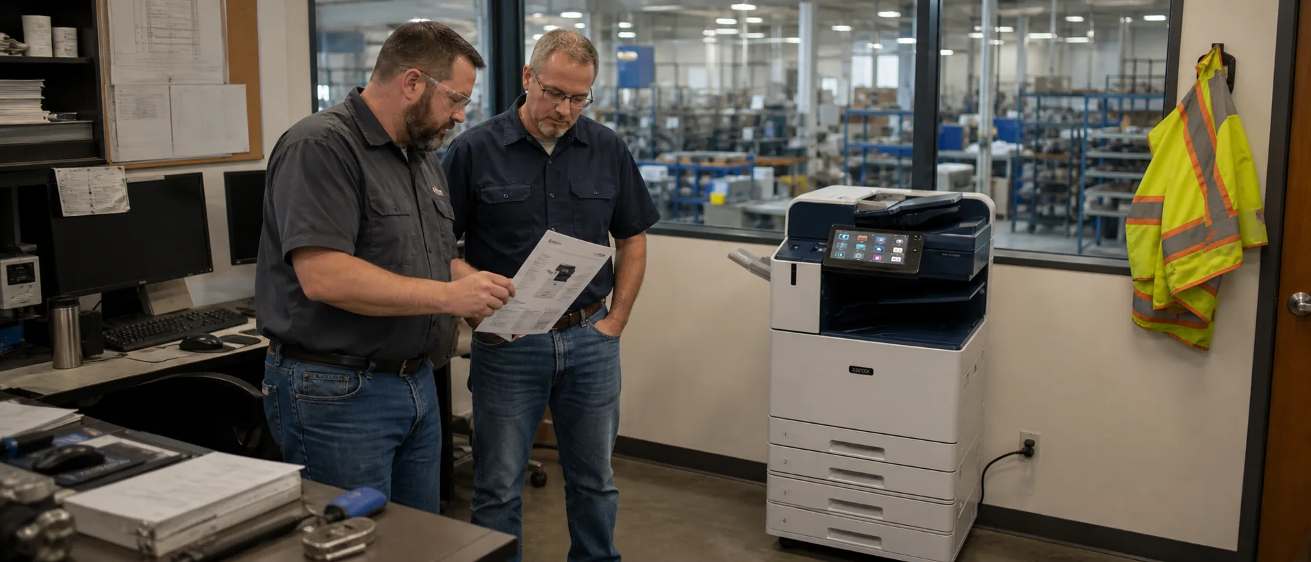 Manufacturing operations team comparing copier specifications