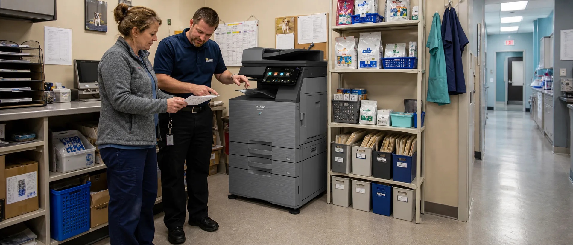 Veterinary clinic manager and copier technician reviewing a control panel