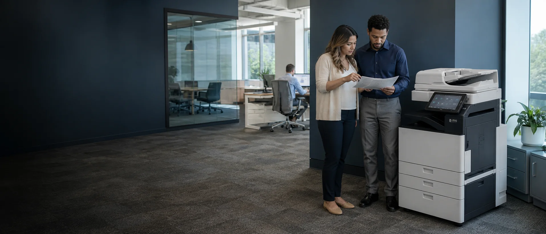 Office team reviewing documents beside a multifunction copier