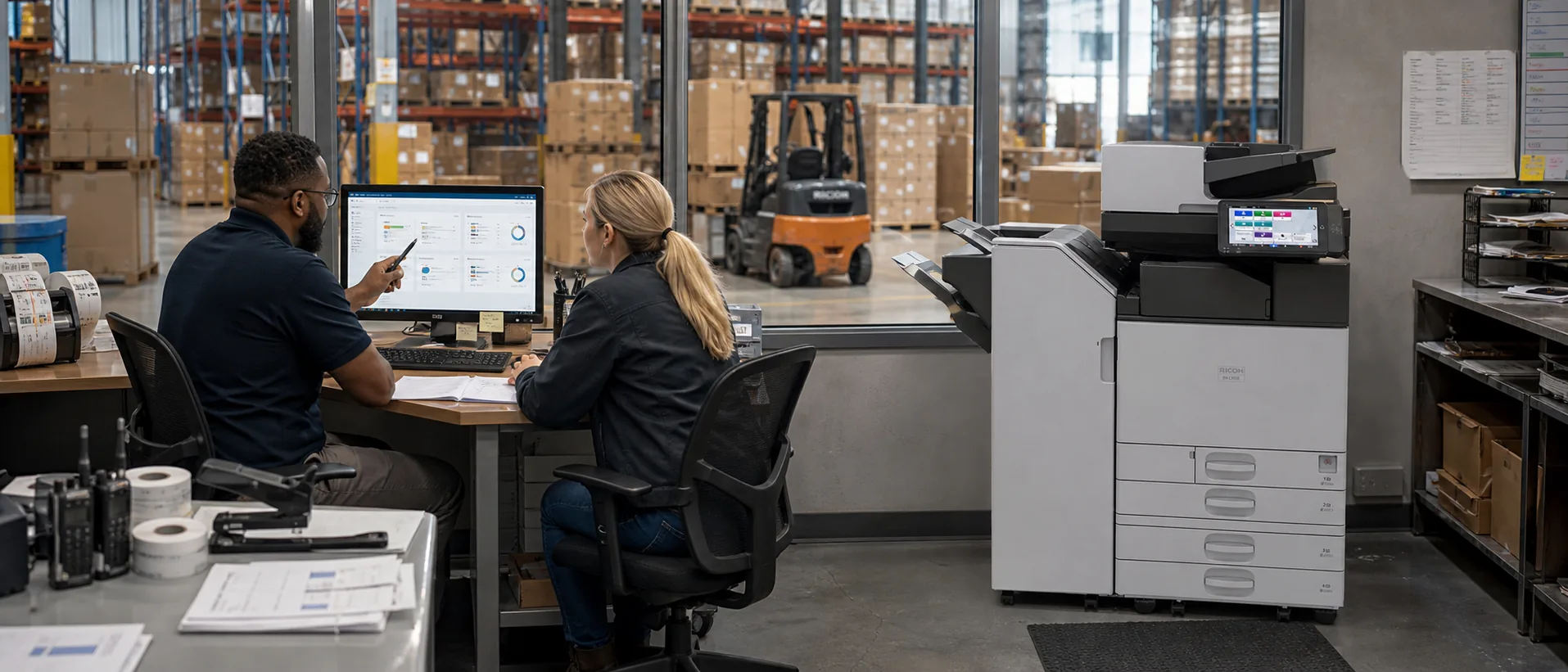 Warehouse dispatch team reviewing managed print services for a copier fleet