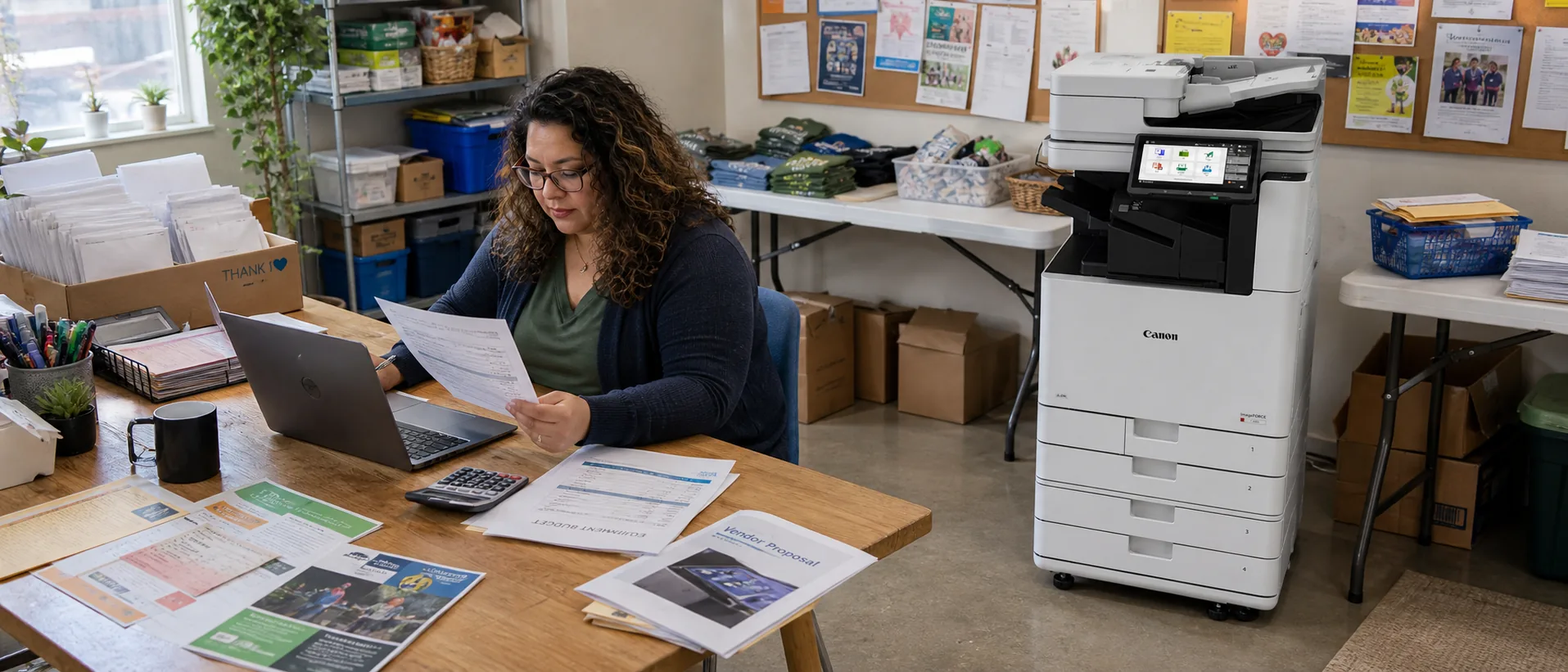 Nonprofit finance manager reviewing copier costs